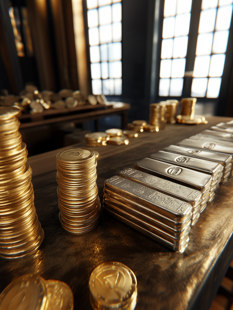 table of gold coins and silver bars